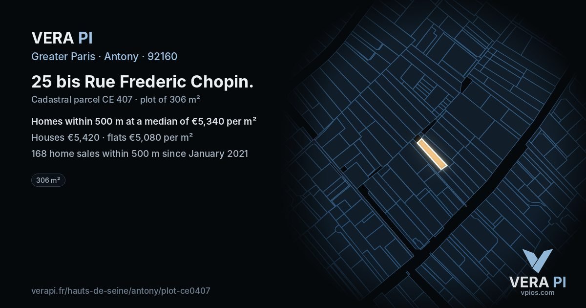 25 bis Rue Frederic Chopin, Antony at night – the plot lit, the parcels around coloured by the prices near them