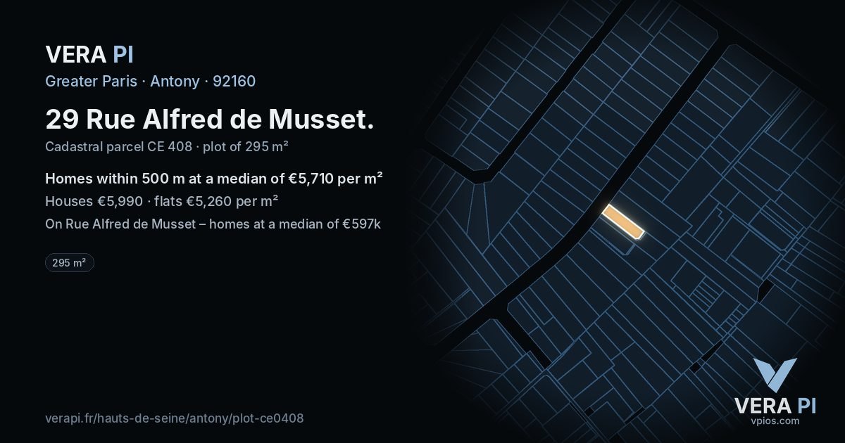 29 Rue Alfred de Musset, Antony at night – the plot lit, the parcels around coloured by the prices near them