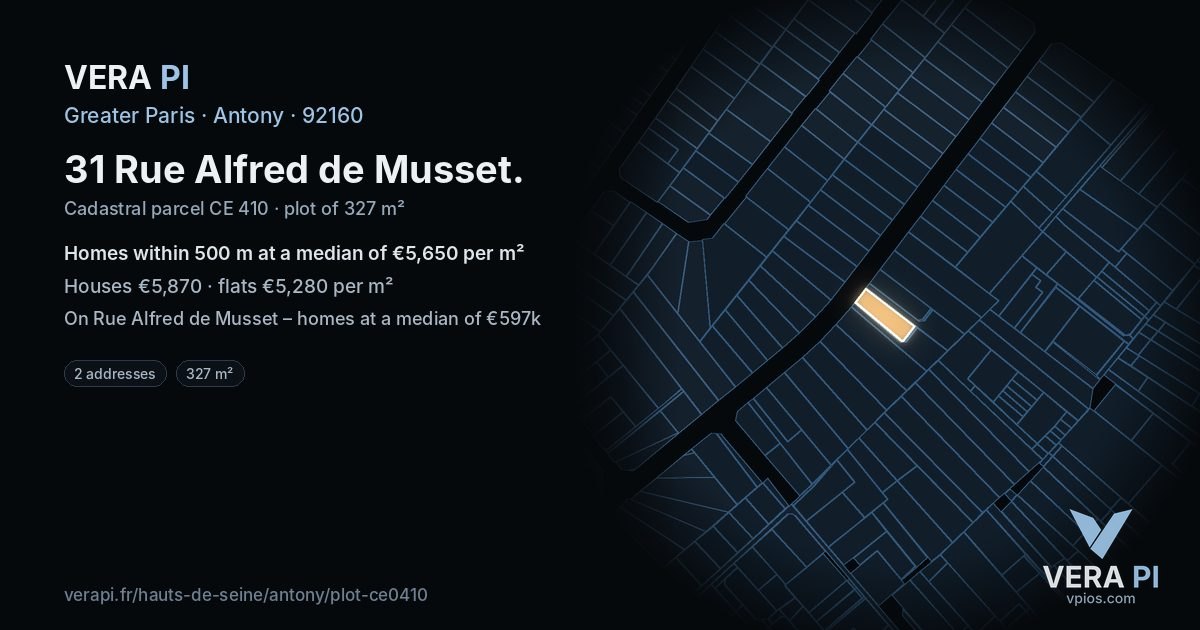 31 Rue Alfred de Musset, Antony at night – the plot lit, the parcels around coloured by the prices near them