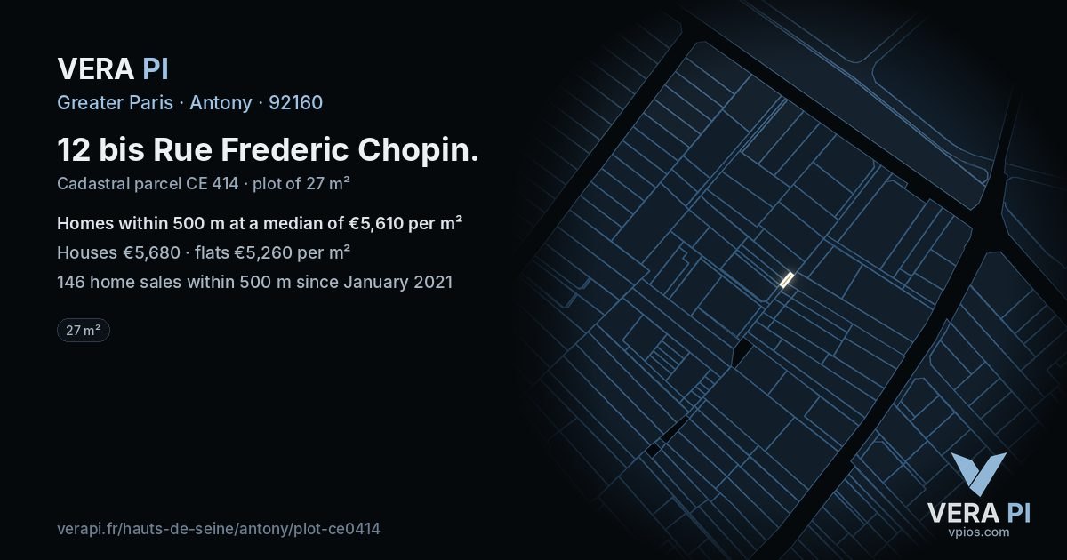 12 bis Rue Frederic Chopin, Antony at night – the plot lit, the parcels around coloured by the prices near them