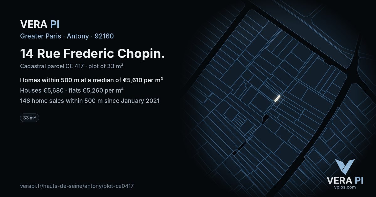 14 Rue Frederic Chopin, Antony at night – the plot lit, the parcels around coloured by the prices near them