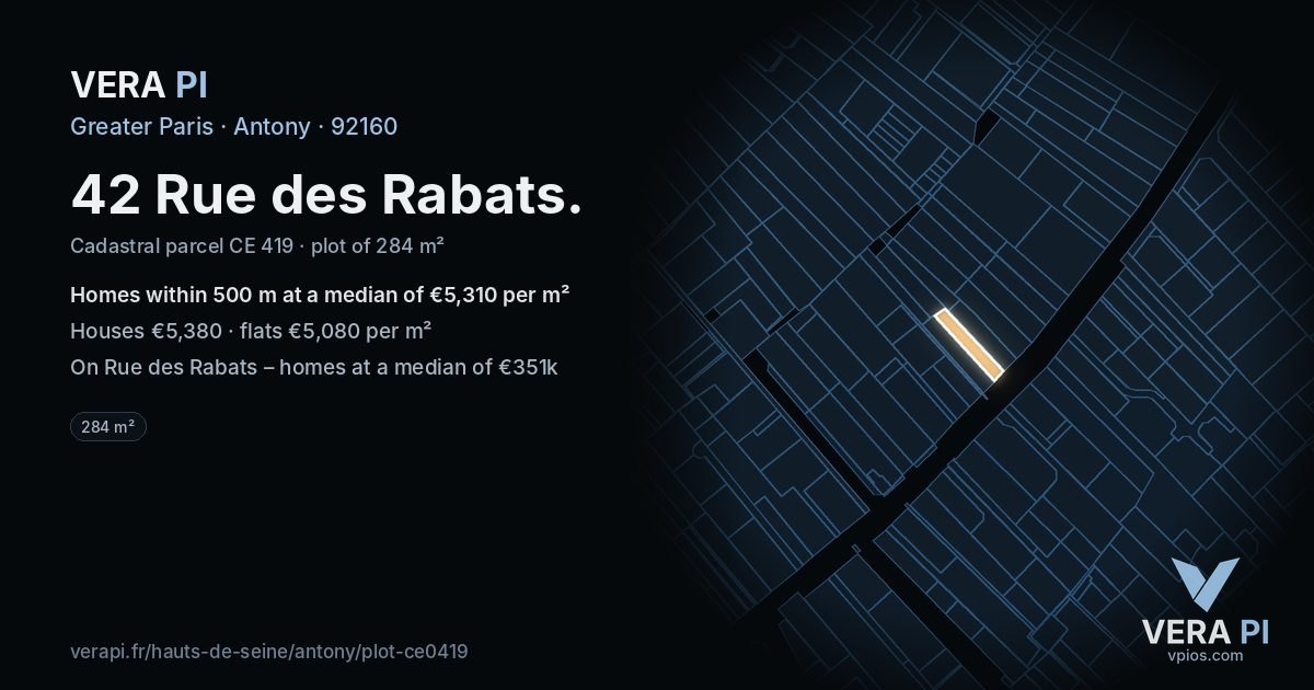42 Rue des Rabats, Antony at night – the plot lit, the parcels around coloured by the prices near them