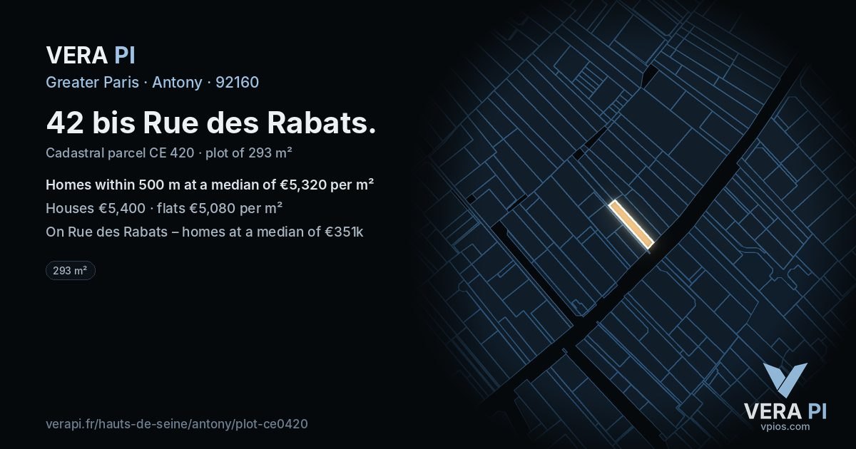 42 bis Rue des Rabats, Antony at night – the plot lit, the parcels around coloured by the prices near them