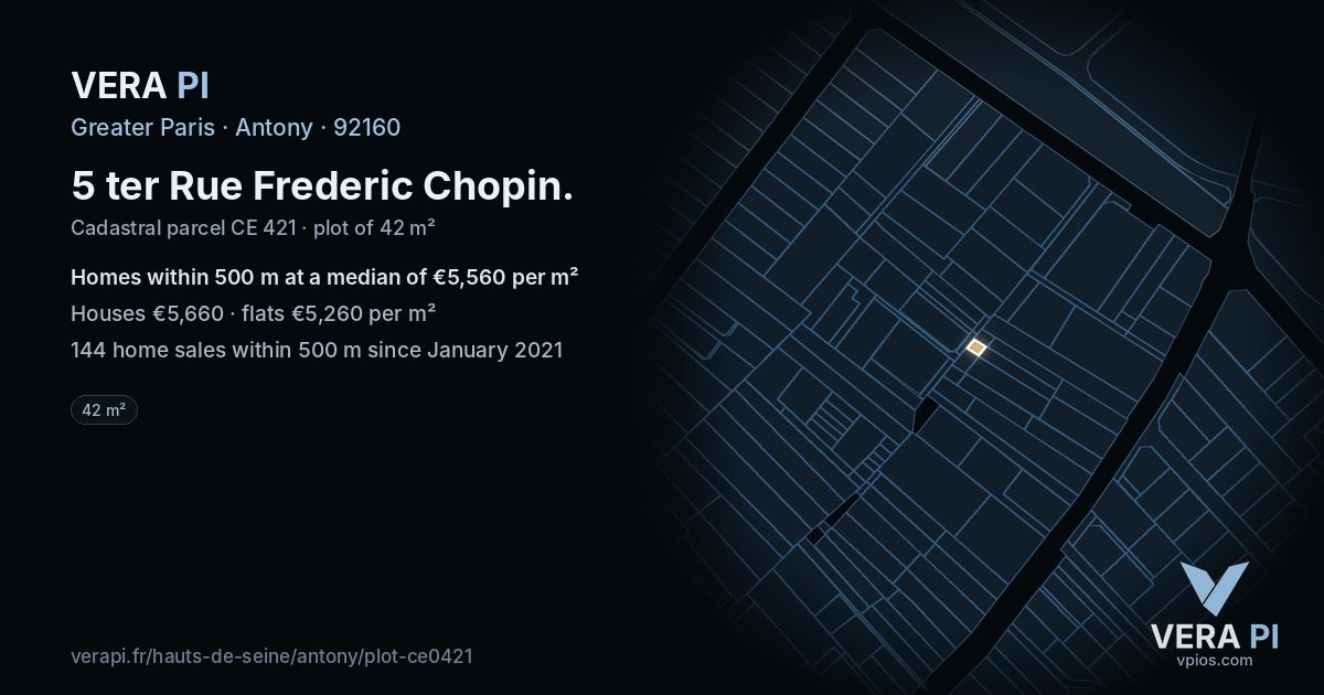 5 ter Rue Frederic Chopin, Antony at night – the plot lit, the parcels around coloured by the prices near them