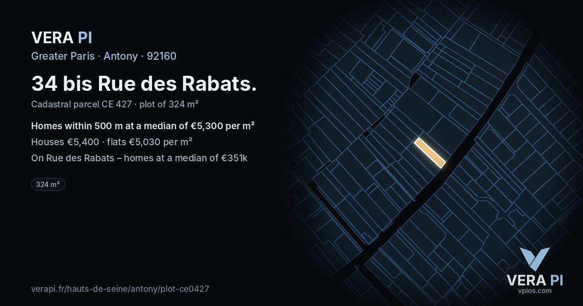 34 bis Rue des Rabats, Antony at night – the plot lit, the parcels around coloured by the prices near them