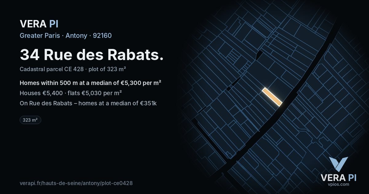 34 Rue des Rabats, Antony at night – the plot lit, the parcels around coloured by the prices near them