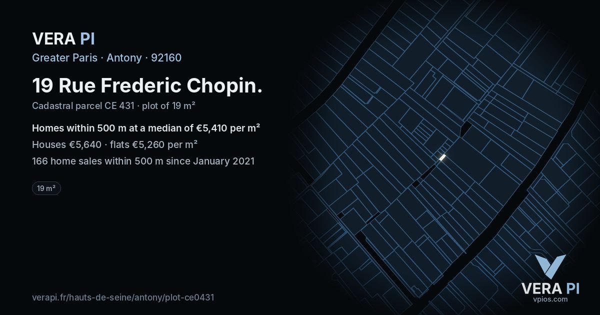 19 Rue Frederic Chopin, Antony at night – the plot lit, the parcels around coloured by the prices near them