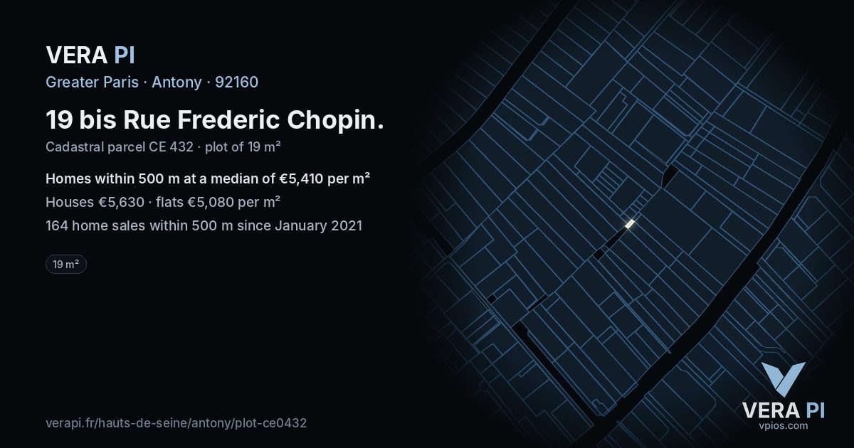 19 bis Rue Frederic Chopin, Antony at night – the plot lit, the parcels around coloured by the prices near them