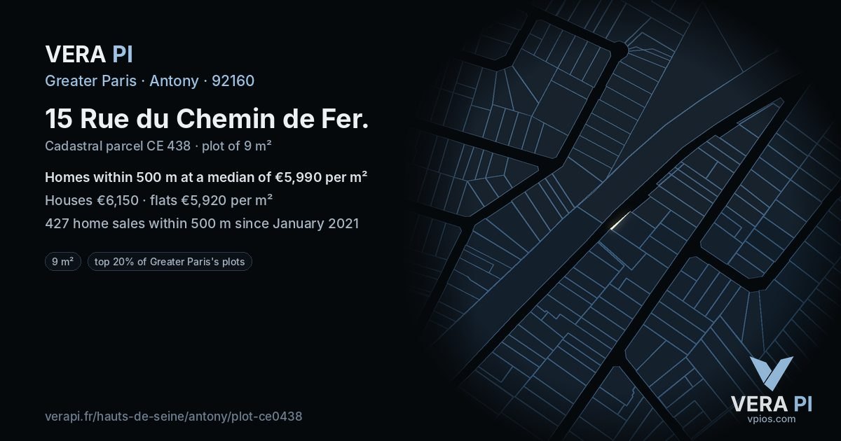 15 Rue du Chemin de Fer, Antony at night – the plot lit, the parcels around coloured by the prices near them