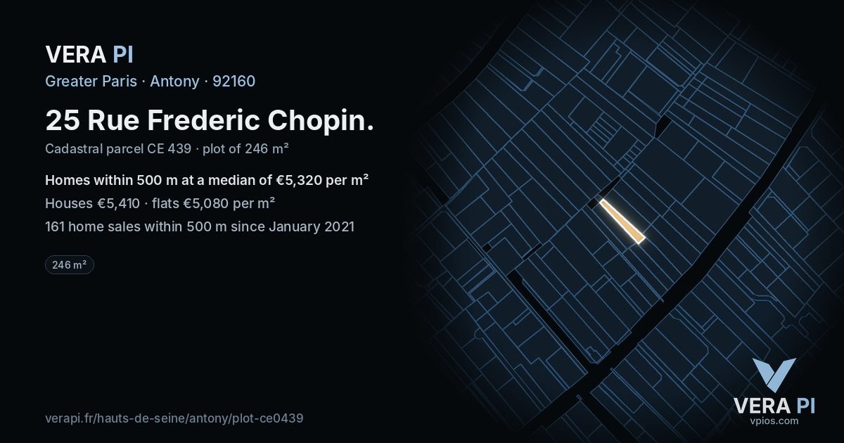 25 Rue Frederic Chopin, Antony at night – the plot lit, the parcels around coloured by the prices near them