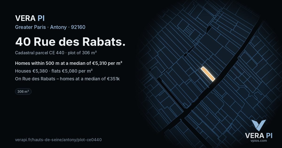 40 Rue des Rabats, Antony at night – the plot lit, the parcels around coloured by the prices near them