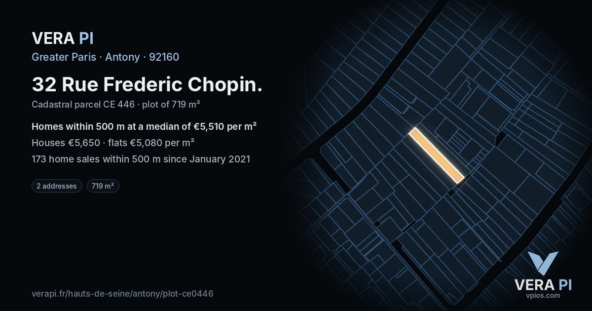32 Rue Frederic Chopin, Antony at night – the plot lit, the parcels around coloured by the prices near them