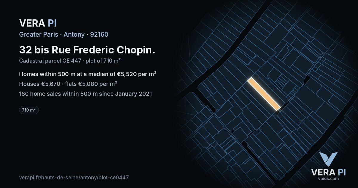 32 bis Rue Frederic Chopin, Antony at night – the plot lit, the parcels around coloured by the prices near them