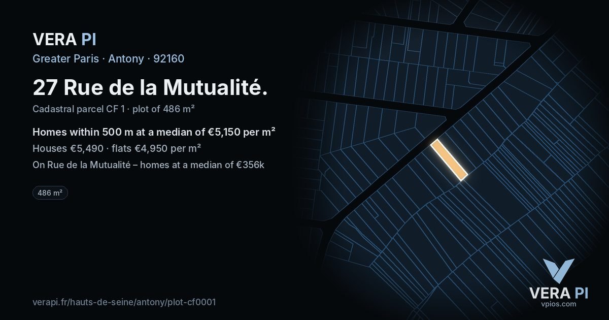 27 Rue de la Mutualité, Antony at night – the plot lit, the parcels around coloured by the prices near them