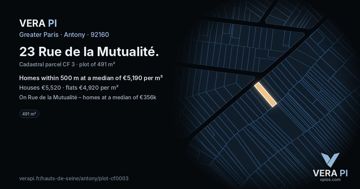 23 Rue de la Mutualité, Antony at night – the plot lit, the parcels around coloured by the prices near them