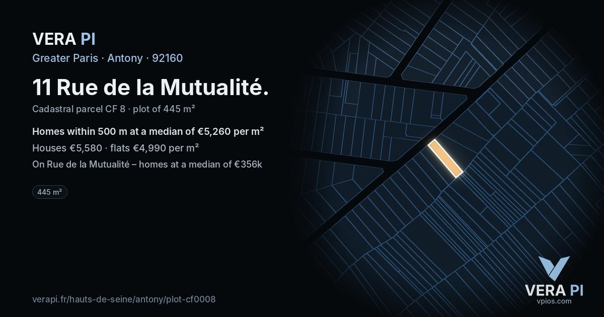 11 Rue de la Mutualité, Antony at night – the plot lit, the parcels around coloured by the prices near them