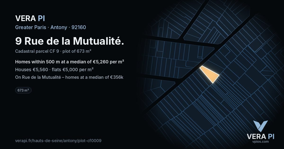 9 Rue de la Mutualité, Antony at night – the plot lit, the parcels around coloured by the prices near them