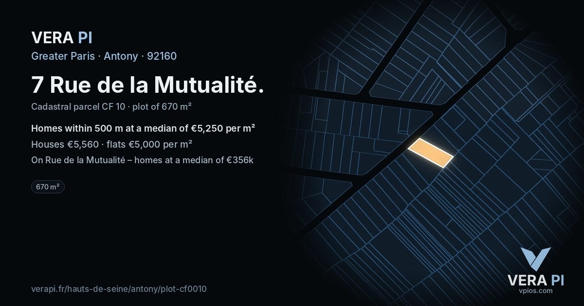 7 Rue de la Mutualité, Antony at night – the plot lit, the parcels around coloured by the prices near them