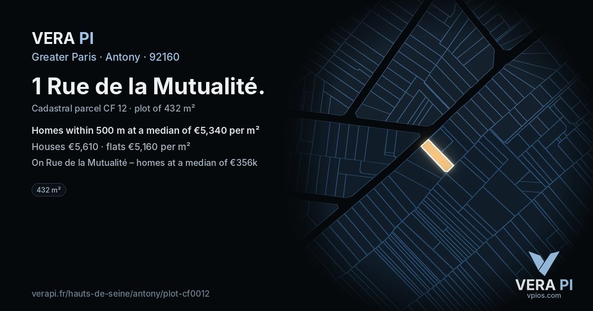 1 Rue de la Mutualité, Antony at night – the plot lit, the parcels around coloured by the prices near them