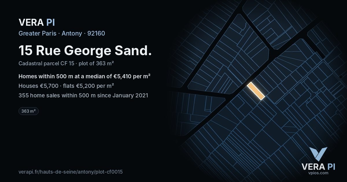 15 Rue George Sand, Antony at night – the plot lit, the parcels around coloured by the prices near them