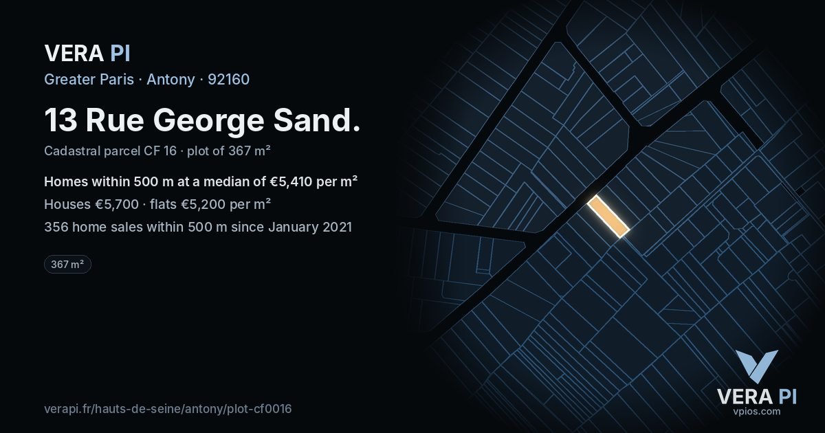 13 Rue George Sand, Antony at night – the plot lit, the parcels around coloured by the prices near them