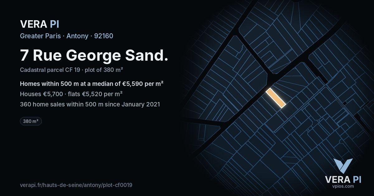 7 Rue George Sand, Antony at night – the plot lit, the parcels around coloured by the prices near them