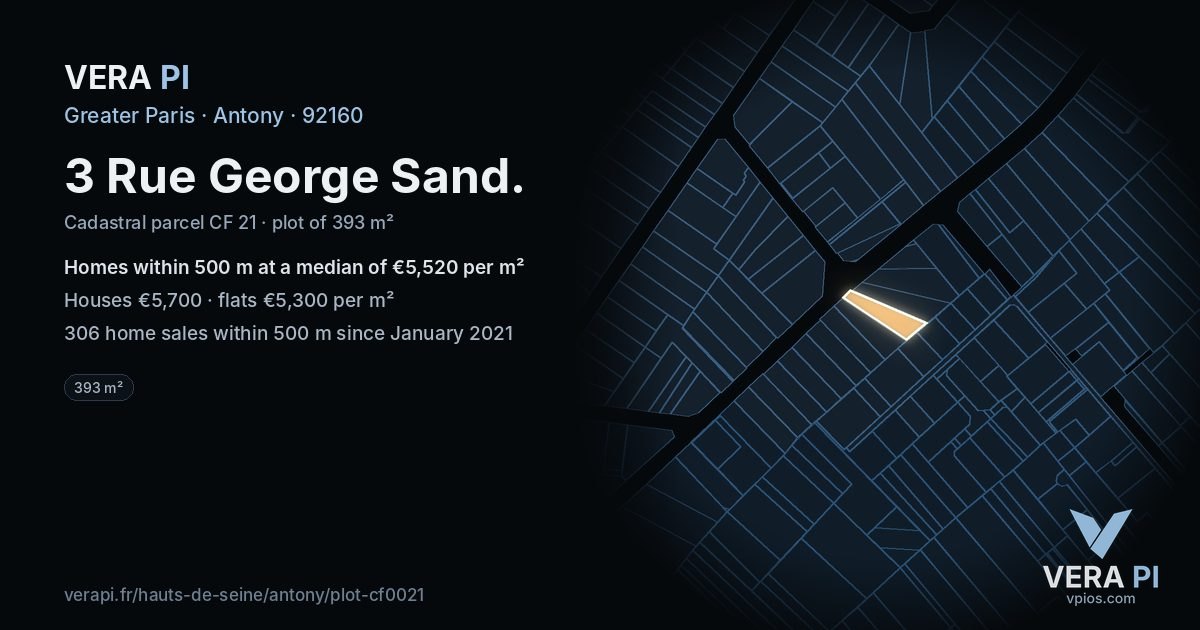 3 Rue George Sand, Antony at night – the plot lit, the parcels around coloured by the prices near them