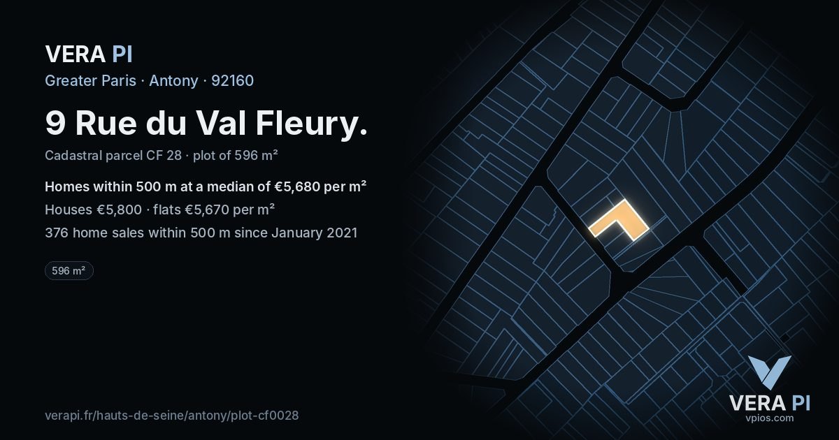 9 Rue du Val Fleury, Antony at night – the plot lit, the parcels around coloured by the prices near them