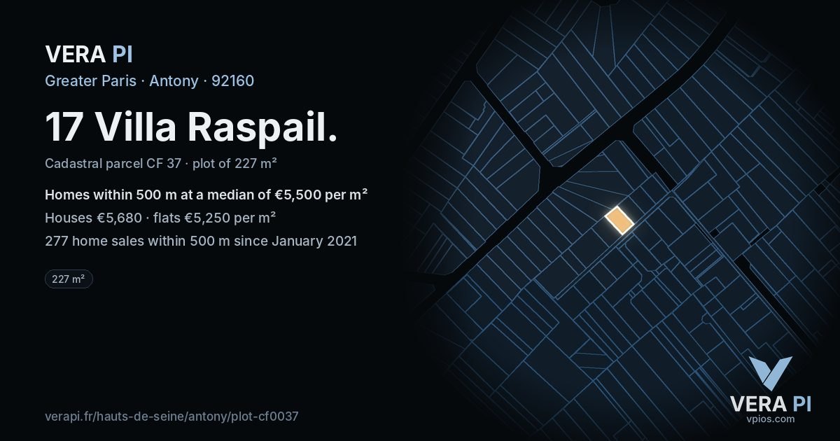 17 Villa Raspail, Antony at night – the plot lit, the parcels around coloured by the prices near them