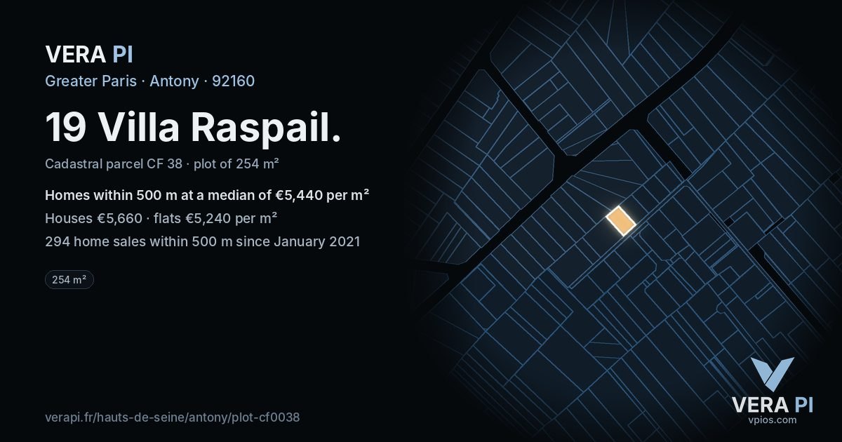 19 Villa Raspail, Antony at night – the plot lit, the parcels around coloured by the prices near them