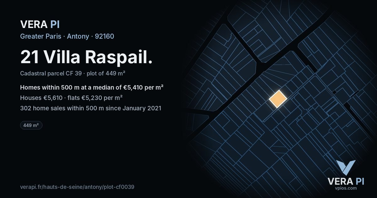 21 Villa Raspail, Antony at night – the plot lit, the parcels around coloured by the prices near them