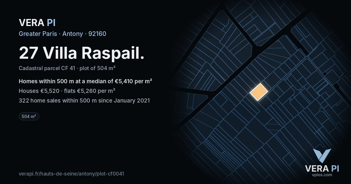 27 Villa Raspail, Antony at night – the plot lit, the parcels around coloured by the prices near them