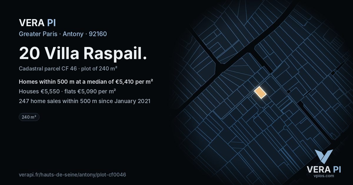 20 Villa Raspail, Antony at night – the plot lit, the parcels around coloured by the prices near them