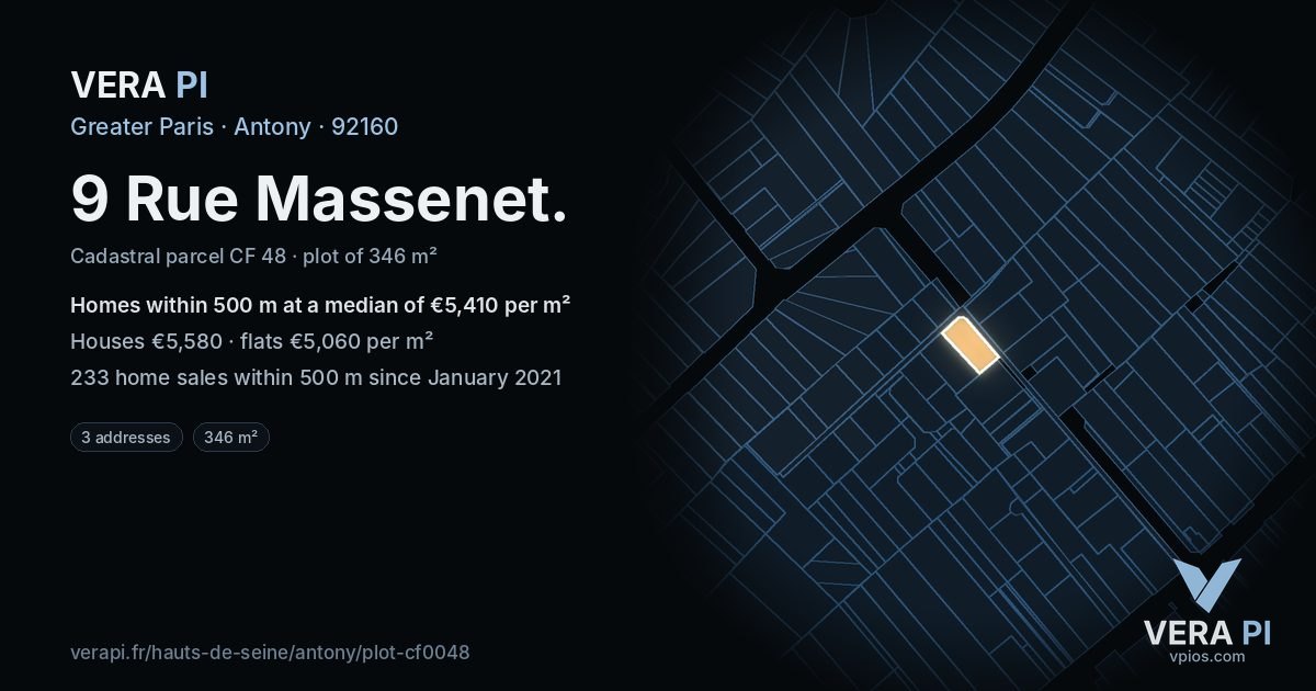 9 Rue Massenet, Antony at night – the plot lit, the parcels around coloured by the prices near them