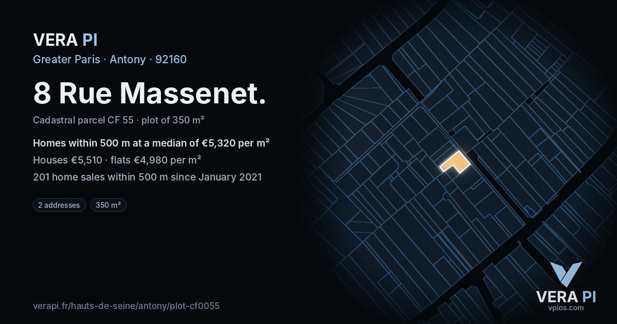 8 Rue Massenet, Antony at night – the plot lit, the parcels around coloured by the prices near them