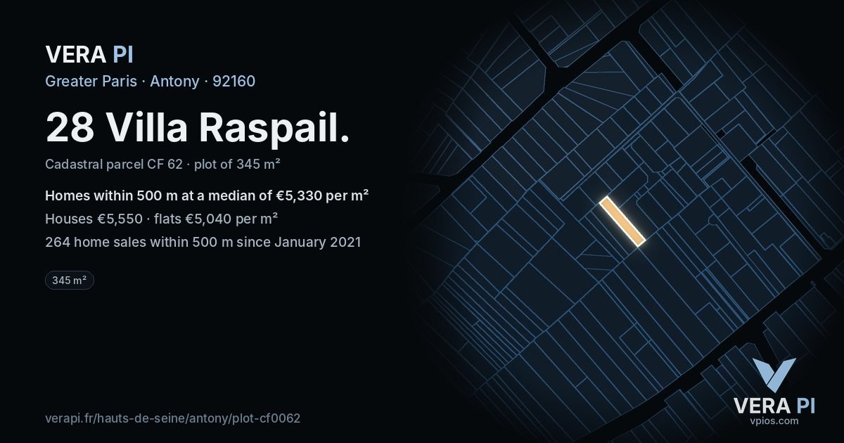 28 Villa Raspail, Antony at night – the plot lit, the parcels around coloured by the prices near them