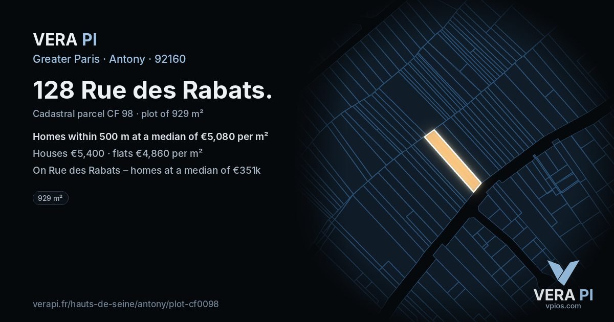 128 Rue des Rabats, Antony at night – the plot lit, the parcels around coloured by the prices near them