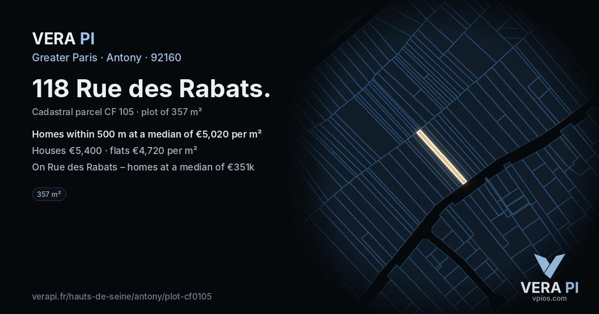 118 Rue des Rabats, Antony at night – the plot lit, the parcels around coloured by the prices near them