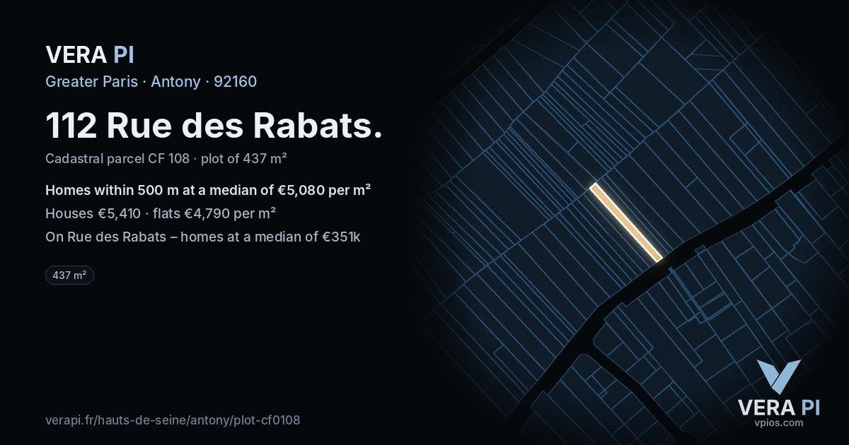 112 Rue des Rabats, Antony at night – the plot lit, the parcels around coloured by the prices near them