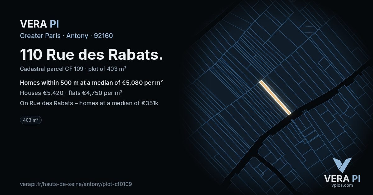 110 Rue des Rabats, Antony at night – the plot lit, the parcels around coloured by the prices near them