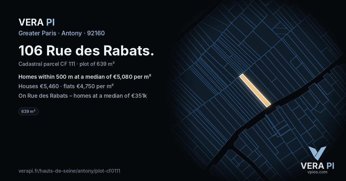 106 Rue des Rabats, Antony at night – the plot lit, the parcels around coloured by the prices near them