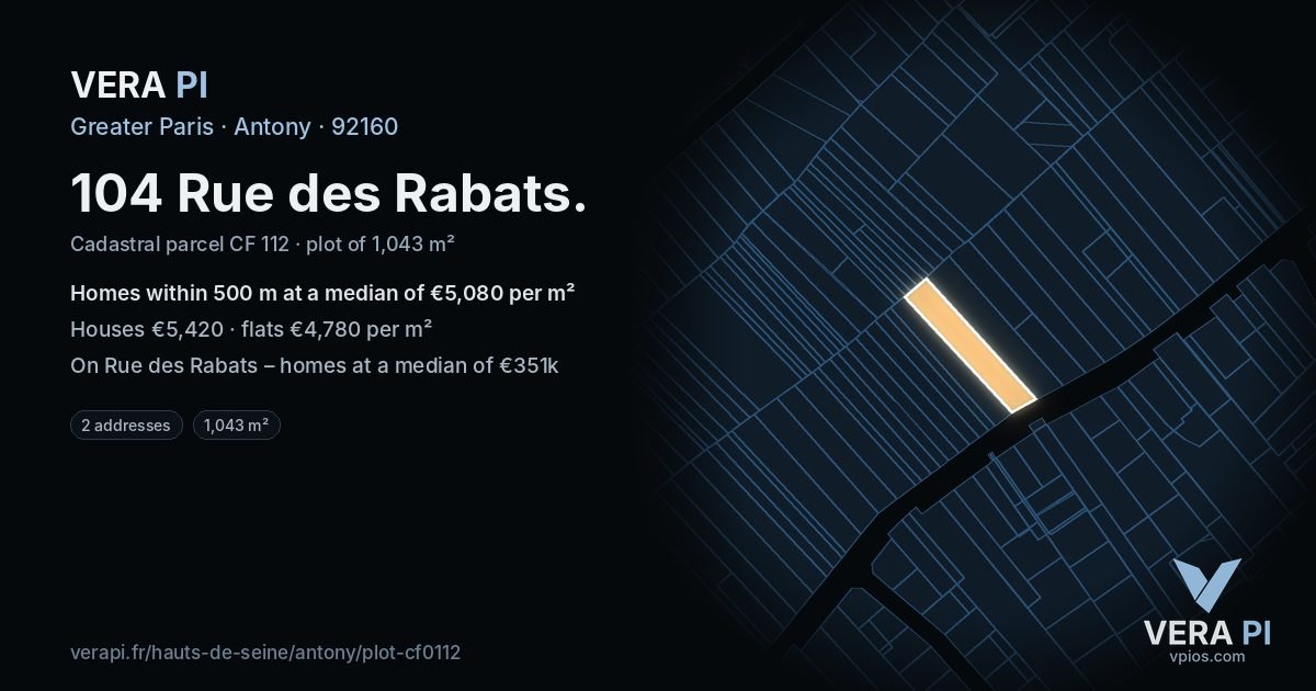 104 Rue des Rabats, Antony at night – the plot lit, the parcels around coloured by the prices near them