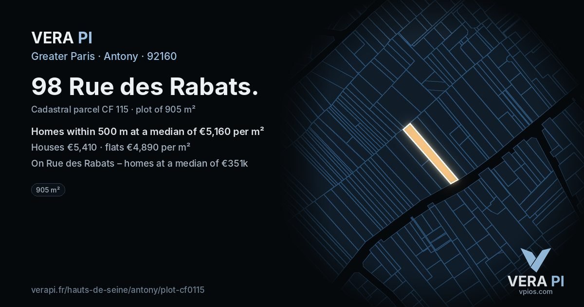 98 Rue des Rabats, Antony at night – the plot lit, the parcels around coloured by the prices near them
