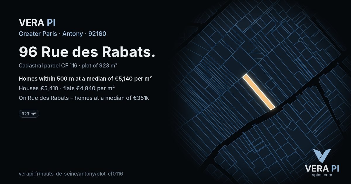96 Rue des Rabats, Antony at night – the plot lit, the parcels around coloured by the prices near them