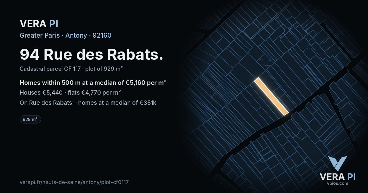 94 Rue des Rabats, Antony at night – the plot lit, the parcels around coloured by the prices near them