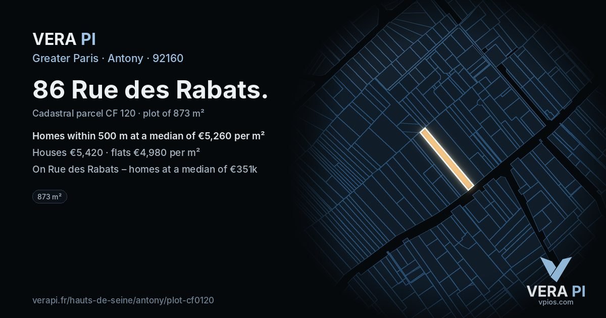 86 Rue des Rabats, Antony at night – the plot lit, the parcels around coloured by the prices near them