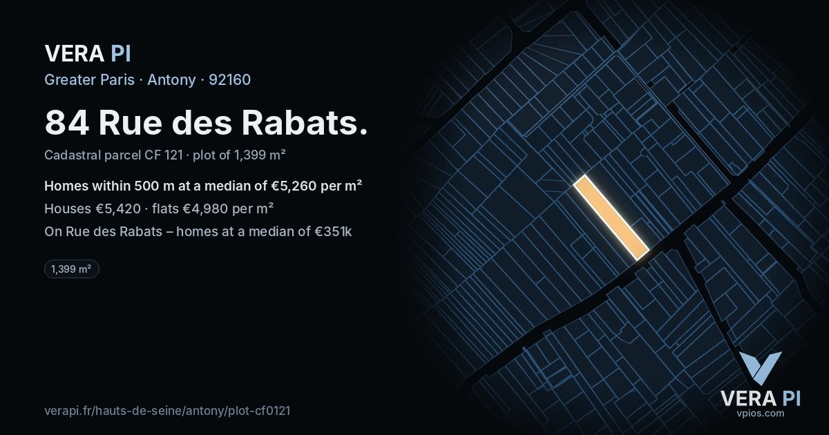 84 Rue des Rabats, Antony at night – the plot lit, the parcels around coloured by the prices near them