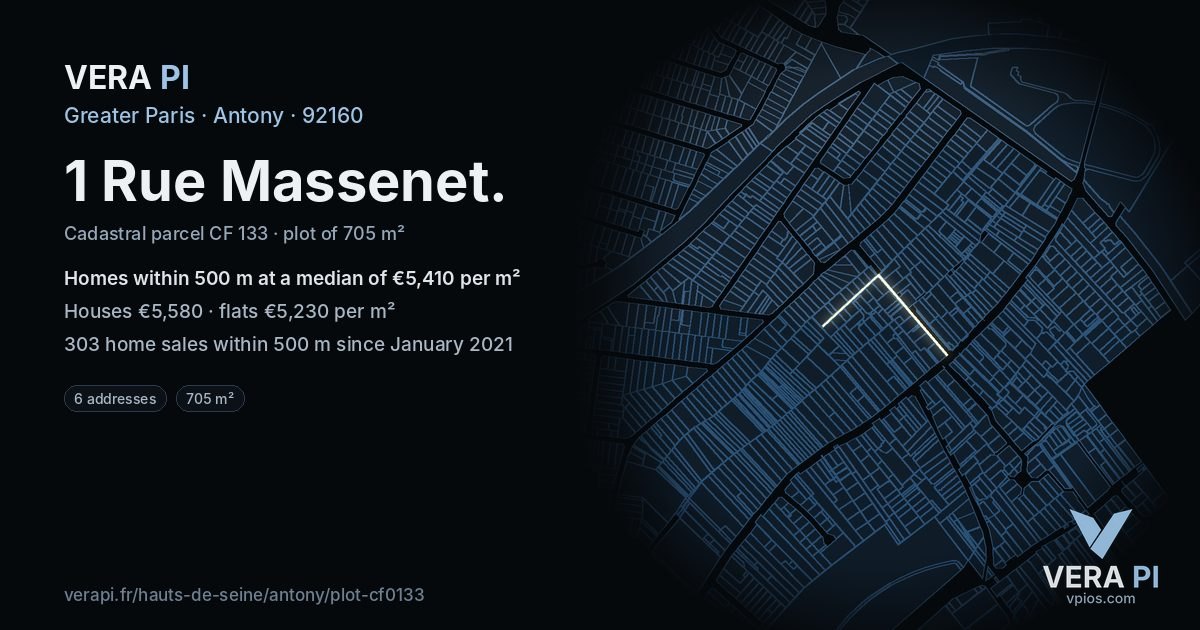 1 Rue Massenet, Antony at night – the plot lit, the parcels around coloured by the prices near them