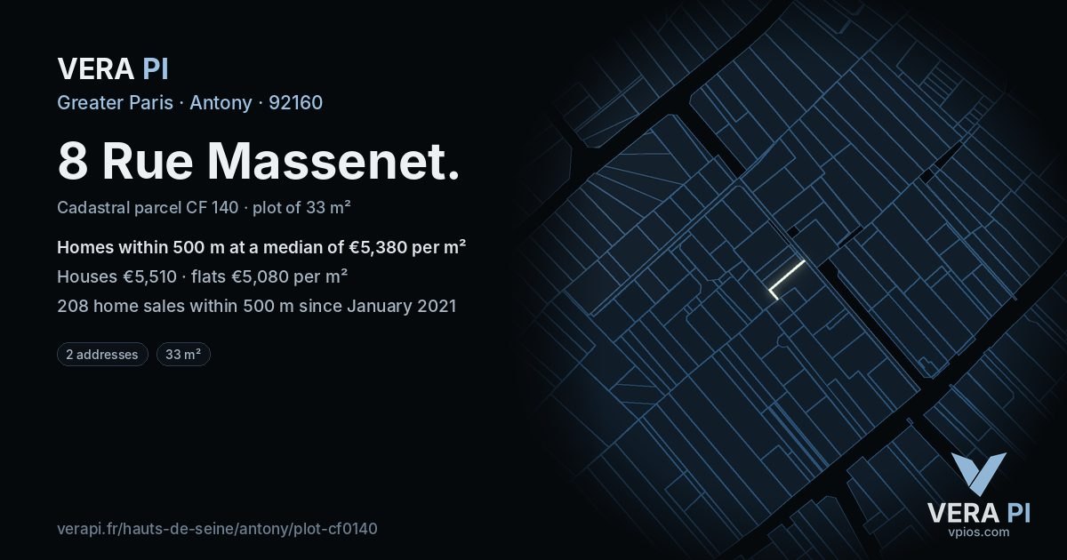 8 Rue Massenet, Antony at night – the plot lit, the parcels around coloured by the prices near them