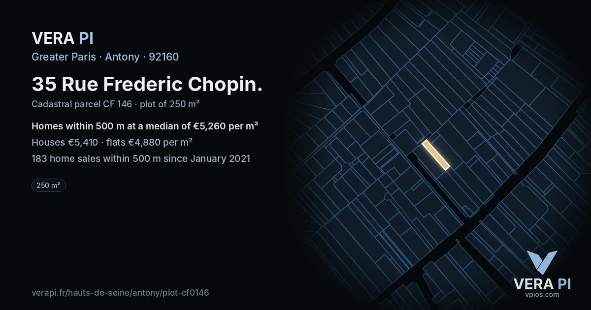 35 Rue Frederic Chopin, Antony at night – the plot lit, the parcels around coloured by the prices near them